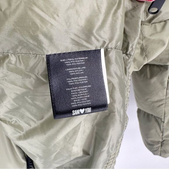 Sam Edelman Water Repellent Faux Fur Trim Puffer Jacket Quilted Green Women's M - Picture 11 of 13